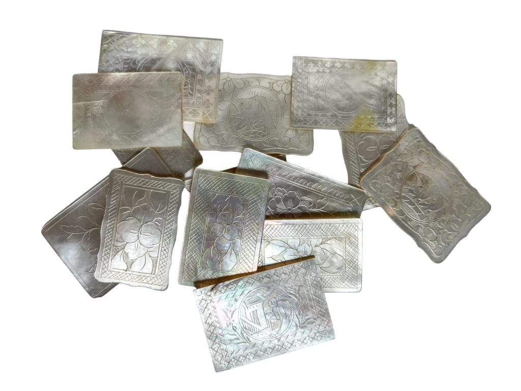 Antique Chinese Mother Of Pearl Collection Job Lot x 14 Mixed Rectangular Gaming Chips Counters Tokens Hand Engraved circa 1800-1850’s