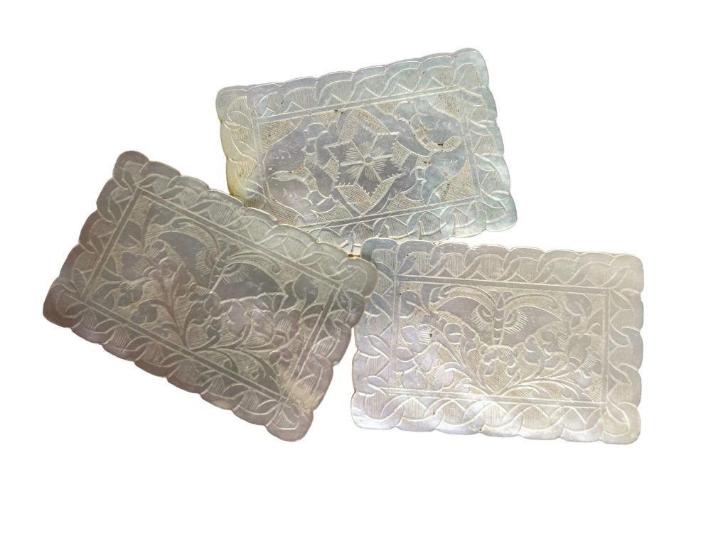 Antique Chinese Mother Of Pearl Rectangular Lotus Flower Butterfly Gaming Chip SOLD INDIVIDUALLY Counters Tokens Engraved c1800-1850’s