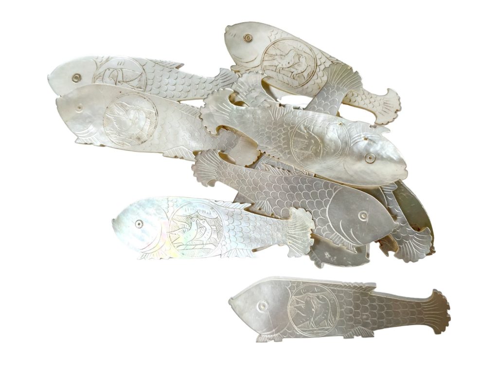 Antique Chinese Mother Of Pearl Fish Shaped Love Dove Gaming Chip SOLD INDIVIDUALLY Counters Tokens Engraved c1800-1850’s