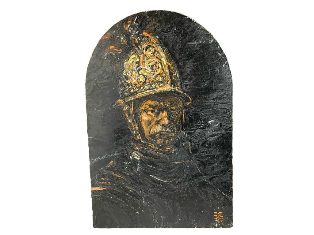 Vintage French Man In Golden Helmet Portrait Oil Painting On Arched Wooden Board Signed circa 1971