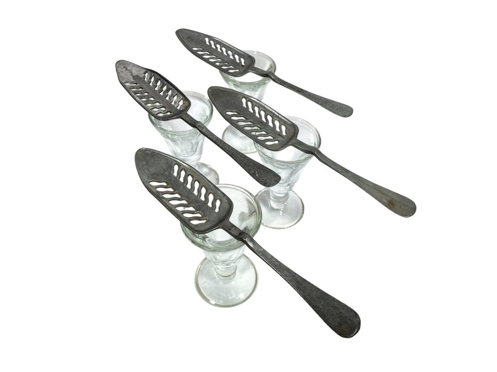 Antique French Mismatched Set Of Four Absinthe Glasses & Spoons Drinking Glass Display Ceremony Bar Decor c1900-20's