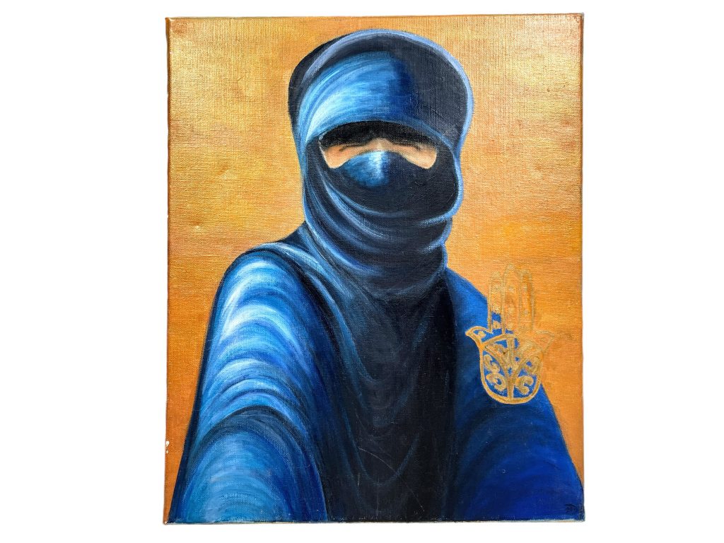 Vintage Moroccan Berber Touareg Hand Of Fatima Homme Bleu Acrylic Painting Wall Decor circa 1980’s