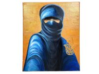 Vintage Moroccan Berber Touareg Hand Of Fatima Homme Bleu Acrylic Painting Wall Decor circa 1980's