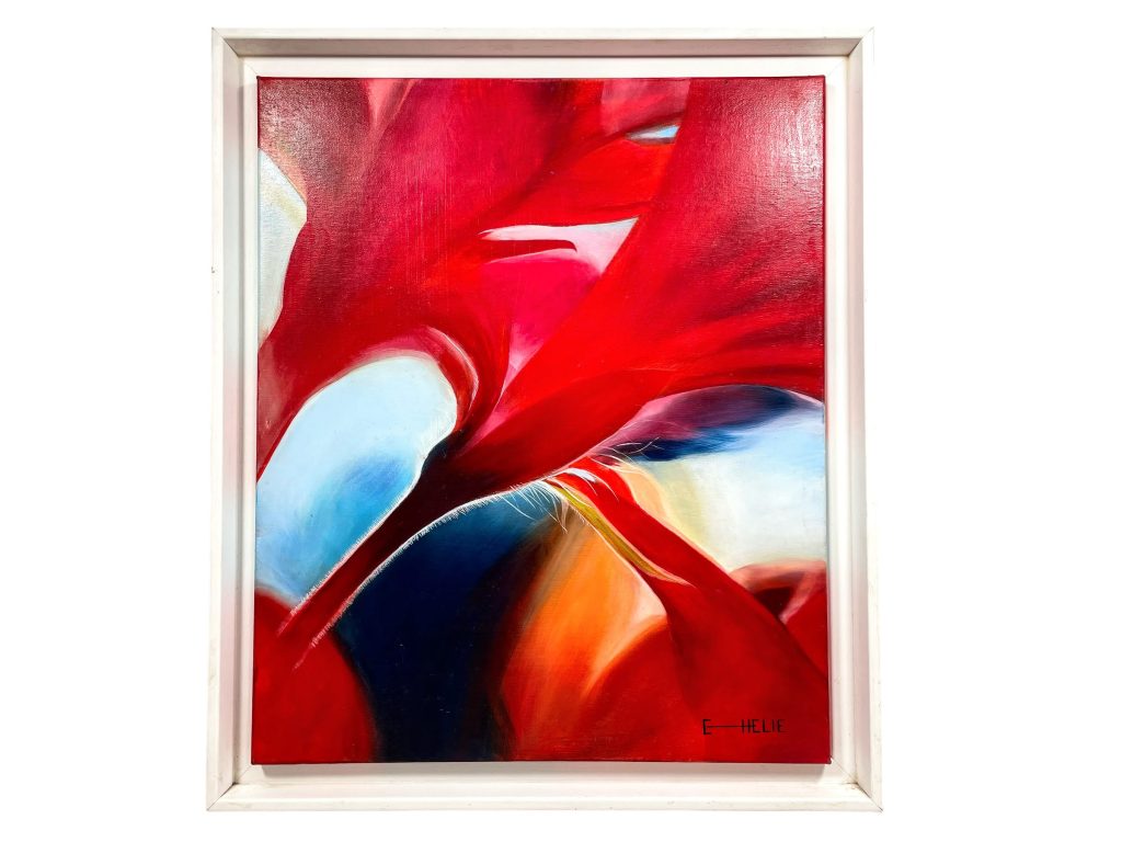 Vintage French Large Acrylic Red Vibrant Energy Painting Paint Art On Stretched Canvas “Fibre” In White Wooden Frame circa 1990’s