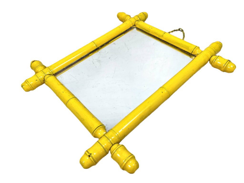 Vintage French Bamboo Look Yellow Painted Wood Wooden Framed Mirror Dressing Table Bathroom Conservatory Bedroom Boudoir c1950-60’s
