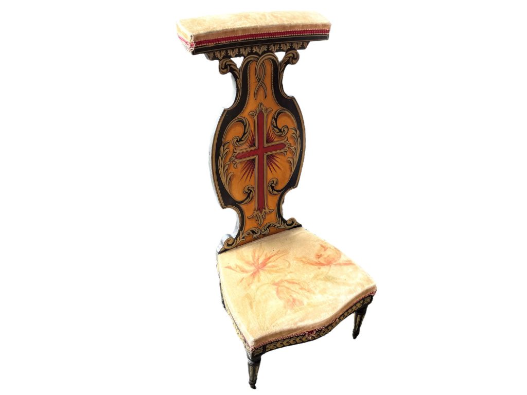 Antique French Hand Painted Wooden Wood Prayer Kneeling Stool Chair Nursing Childs Seating Kneel Pray Heavy Wear Well Used c1890’s