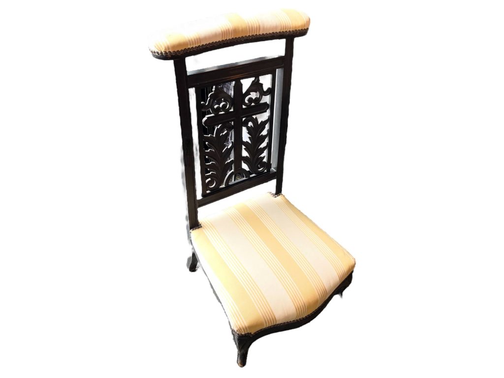 Antique French Black Wooden Wood Prayer Kneeling Stool Chair Nursing Childs Seating Kneel Pray Re-Upholstered c1910-20’s