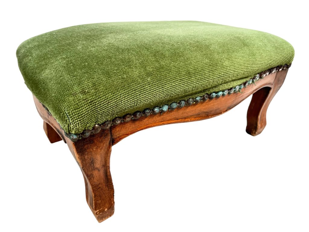 Vintage French Wooden Wood Stool Footstool Small Chair Seat Boudoir Green Cushioned Covered Cover circa 1960-70’s