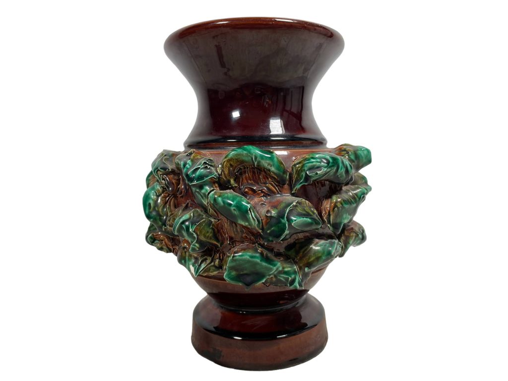 Vintage French 3D Green Brown Mid Century Modern Ceramic Vase Urn Pot Decor Design France c1950-60’s