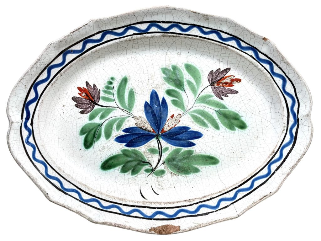 Antique French Decorative Faience Plate Hand Made Painted Blue Red Green White Gold Flowers Ceramic Dish Display DAMAGED c1900’s
