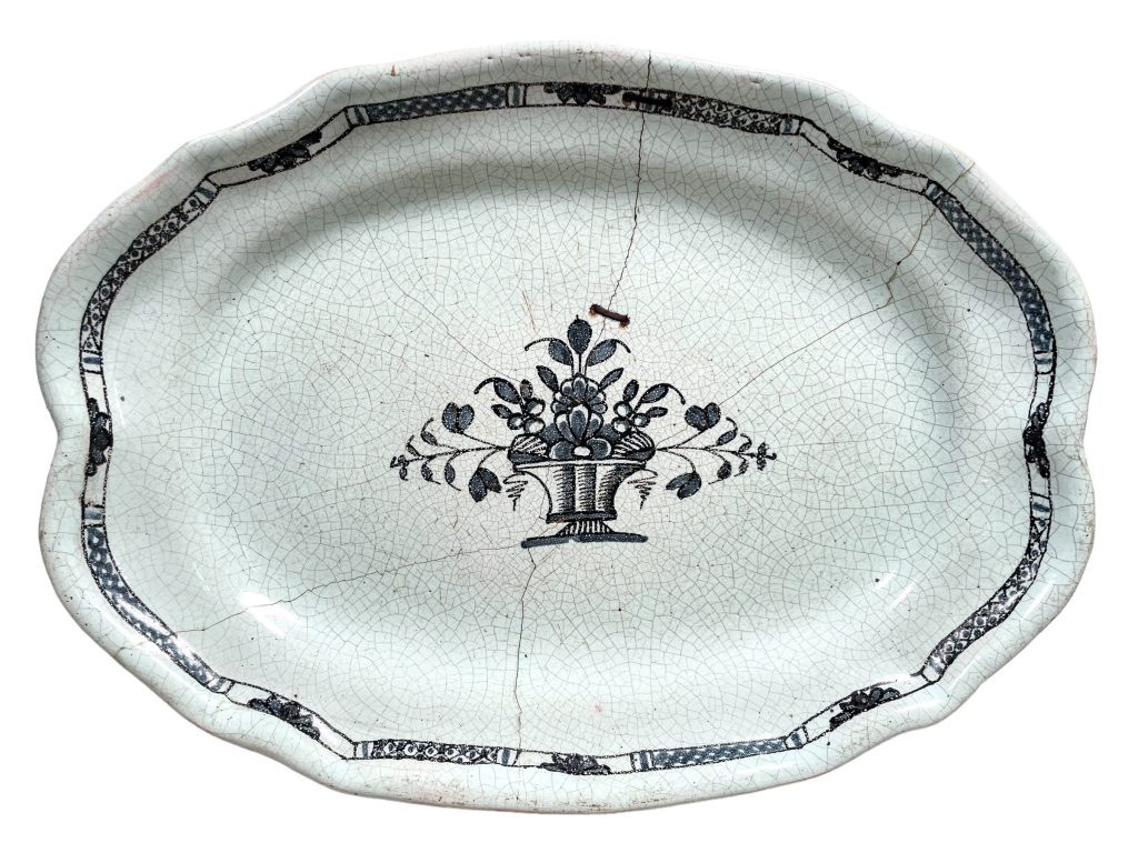 Antique French Decorative Breton Faience Plate Hand Made Painted Blue White Flowers Dish Display DAMAGED Stapled Repaired c1850's
