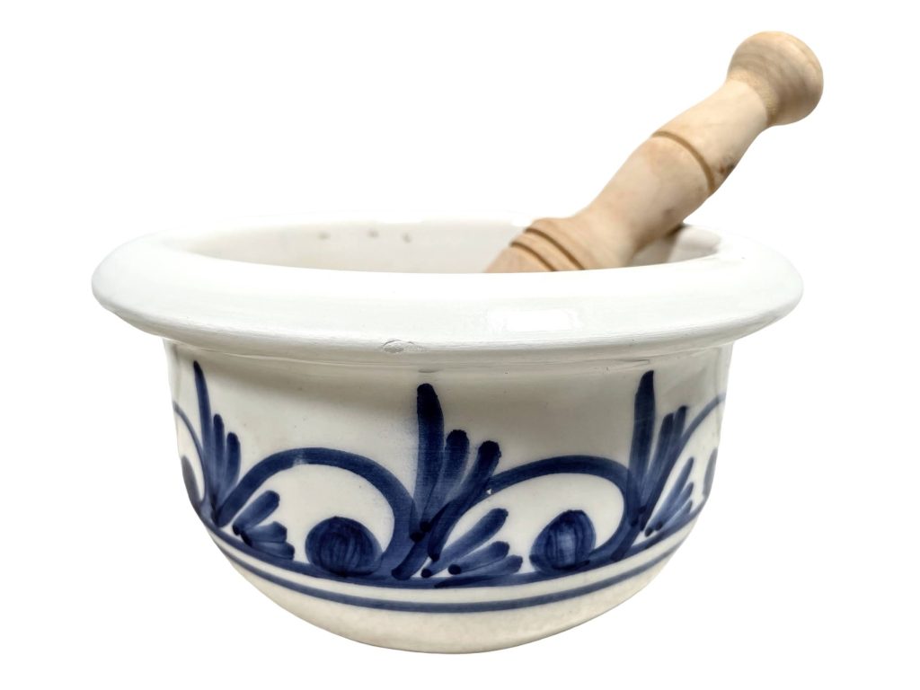 Vintage French White Blue Ceramic Mortar Pestle Dish Bowl Mixing Grinding circa 1990-2000