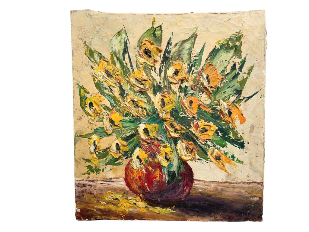 Vintage Painting “Burst” Original Oil On Canvas Yellow Flowers In Red Vase Wall Decor Decoration c1977