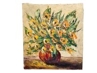 Vintage Painting "Burst" Original Oil On Canvas Yellow Flowers In Red Vase Wall Decor Decoration c1977