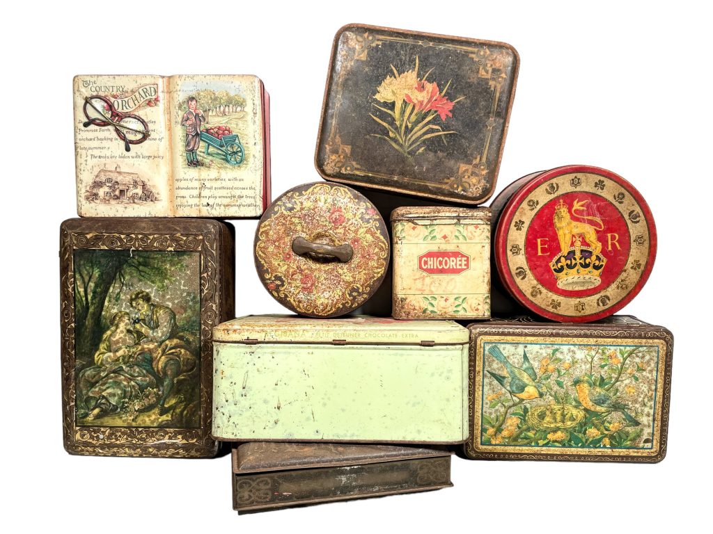 Vintage Antique French Collection Job Lot Of Nine 9 Larger Storage Tins Tin Mixed circa 1920-70’s