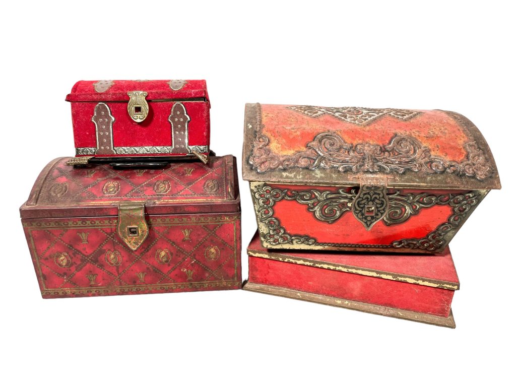 Vintage English French Collection Job Lot Of Four 4 Red Chest Storage Tins Tin Mixed circa 1950-80’s