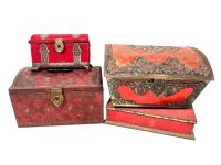 Vintage English French Collection Job Lot Of Four 4 Red Chest Storage Tins Tin Mixed circa 1950-80's