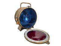 Vintage French Boat Ship Spotlight Red Blue Light Lamp Large Heavy Iron Metal Electrical Electronics circa 1950's