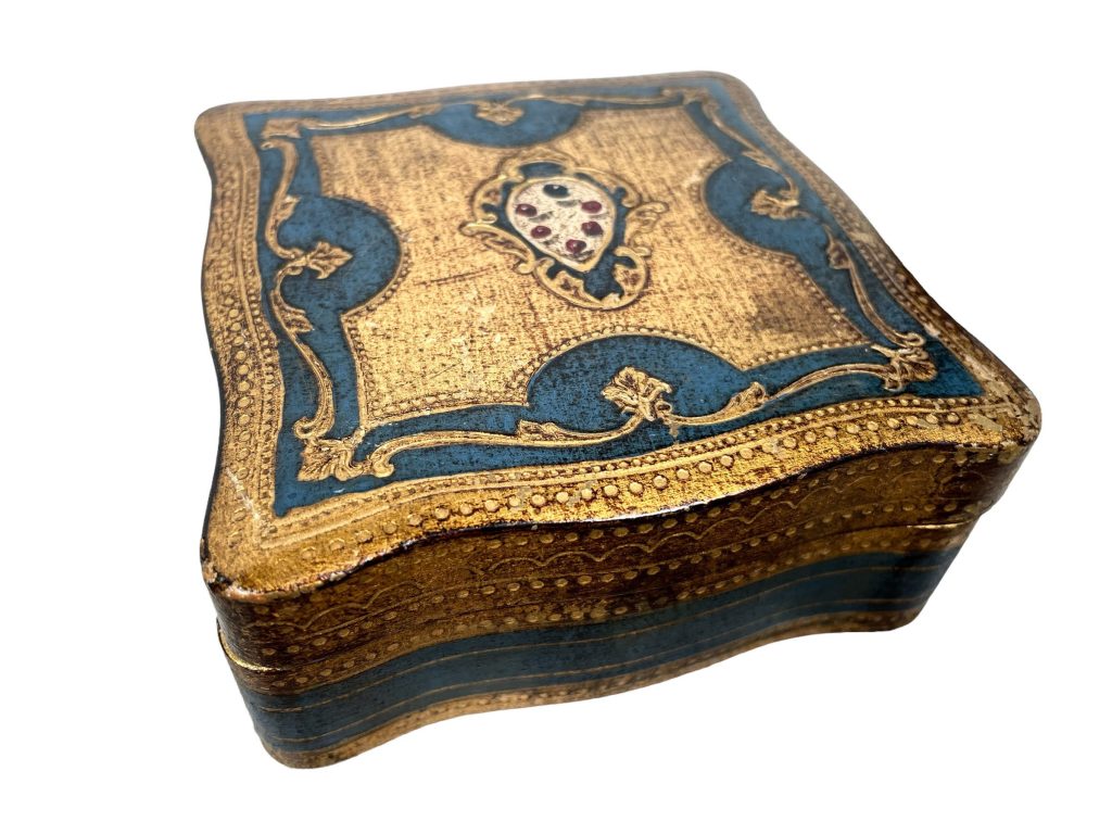 Vintage Italian Florentine Florence Medeci Crest Blue Gold Wood Ornately Decorated Small Lidded Storage Box Decoration c1970-80’s