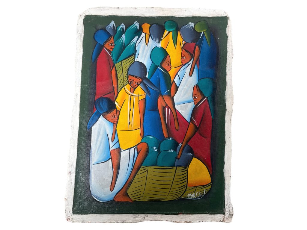 Vintage Haitian Folk Art Original Acrylic Painting Paint Art On Raw Canvas Signed Monel “Mothers” circa 1980-90’s
