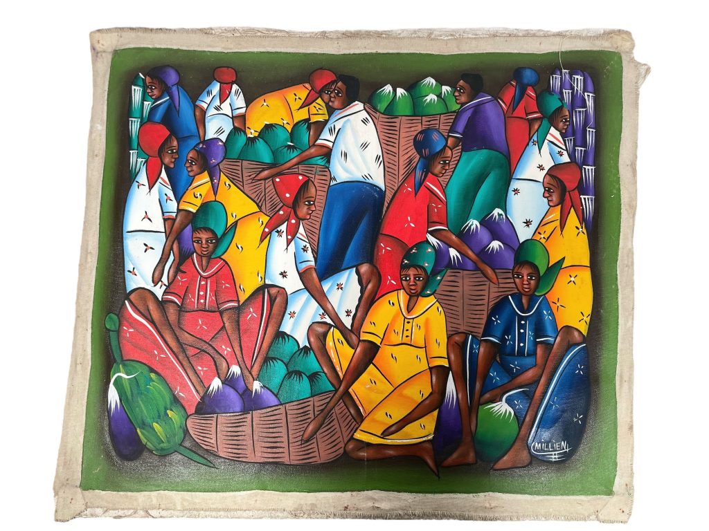 Vintage Haitian Folk Art Original Acrylic Painting Paint Art On Raw Canvas Signed Millien “Traders” circa 1980-90’s