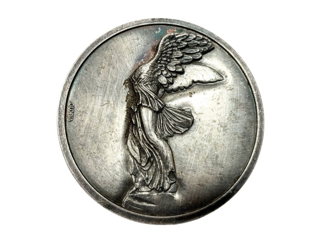 Vintage French Gloria Nike Goddess Victoire De Samothrace Tin Collectors Medal Medallion Coin Decorative Ornament c1970-80’s