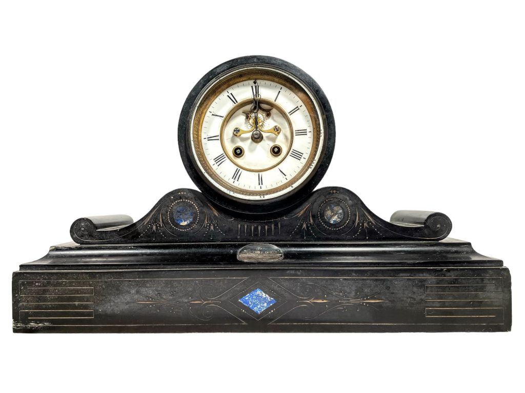 Antique French Black Marble Lapiz Stone Mantlepiece Wind Up Clock Timepiece Untested circa 1879