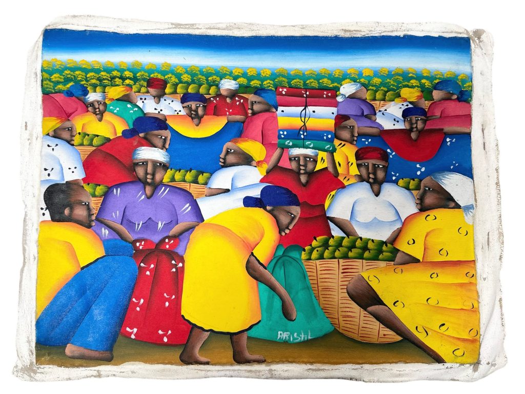 Vintage Haitian Folk Art Original Acrylic Painting Paint Art On Raw Canvas Signed A Ristil “The Markets” circa 1980-90’s