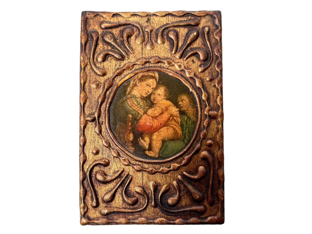 Vintage Italian Madonna Ella Seggiola Raphael Print Reproduction Florentine Style Gold Resin Small Wall Hanging Display c1970’s