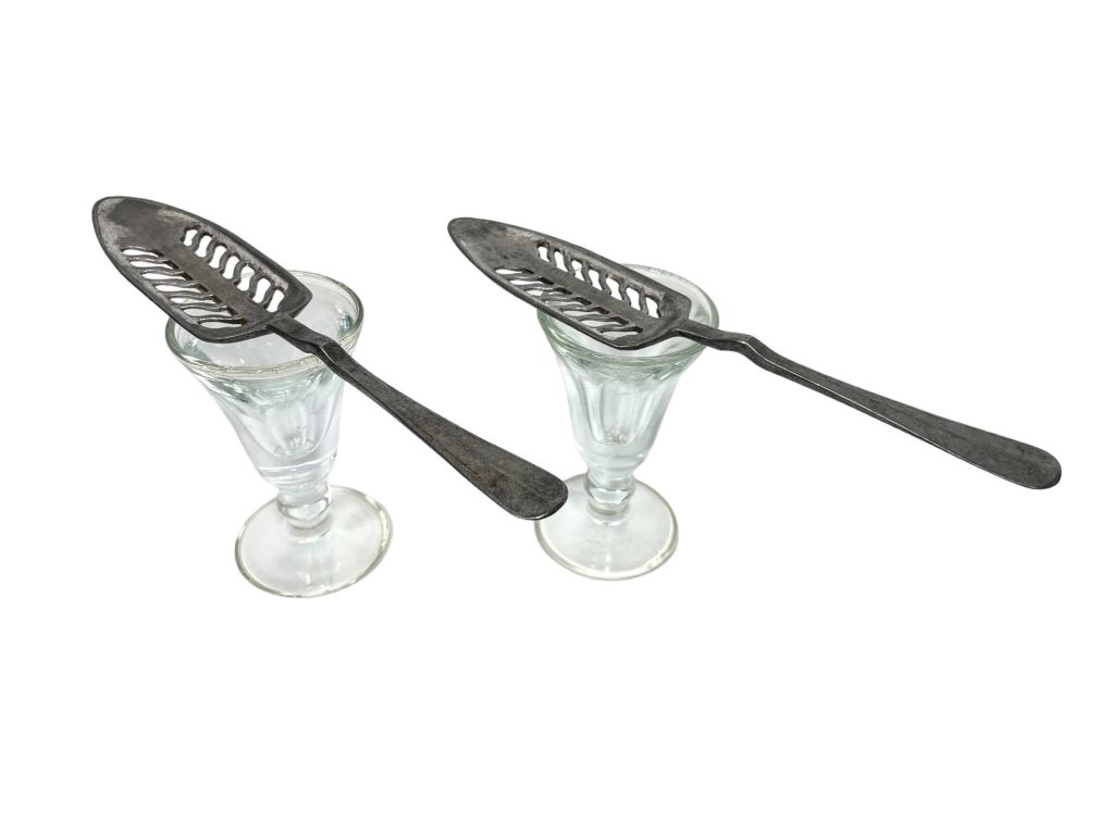 Antique French Set Of Two Absinthe Glasses & Spoons Drinking Glass Display Ceremony Bar Decor c1900-20’s