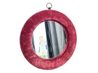 Vintage French Small Ornate Pink Velvet Gold Brocade Trim Wood Glass Wall Hanging Mirror Glass Decorative Cloakroom Wooden c1950's