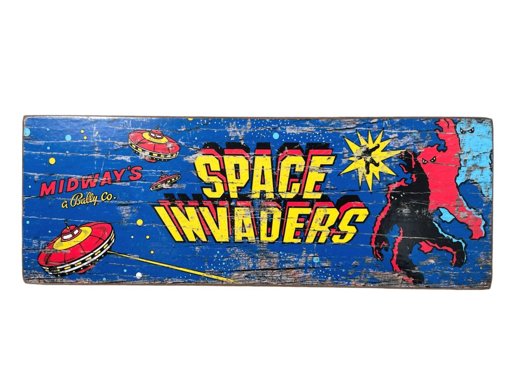 Midway Space Invaders Gamer Wall Hanging Vintage Worn Look Faux Game Cabinet Amusement Arcade Retro Sign Shop Wood Advertising Sign