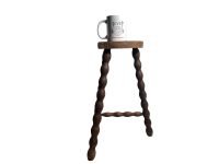 Alternative view of Vintage French Stool Chair Seat Wooden Milking Kitchen D Shaped Seat Braced Bobbin Leg Plant Rest Stand Plinth Tabouret c1960-70's