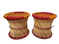 Alternative view of Vintage Indian Stool String Cane Canework Woven Bench Seat Chair Stand Display Shelf Tabouret circa 2000