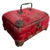 Antique French Red Worn Velvet Decorated Storage Box Display Wooden Wood Desk Tidy Organiser Jewellery Sage Green Lining c1900's