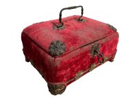 Antique French Red Worn Velvet Decorated Storage Box Display Wooden Wood Desk Tidy Organiser Jewellery Sage Green Lining c1900's