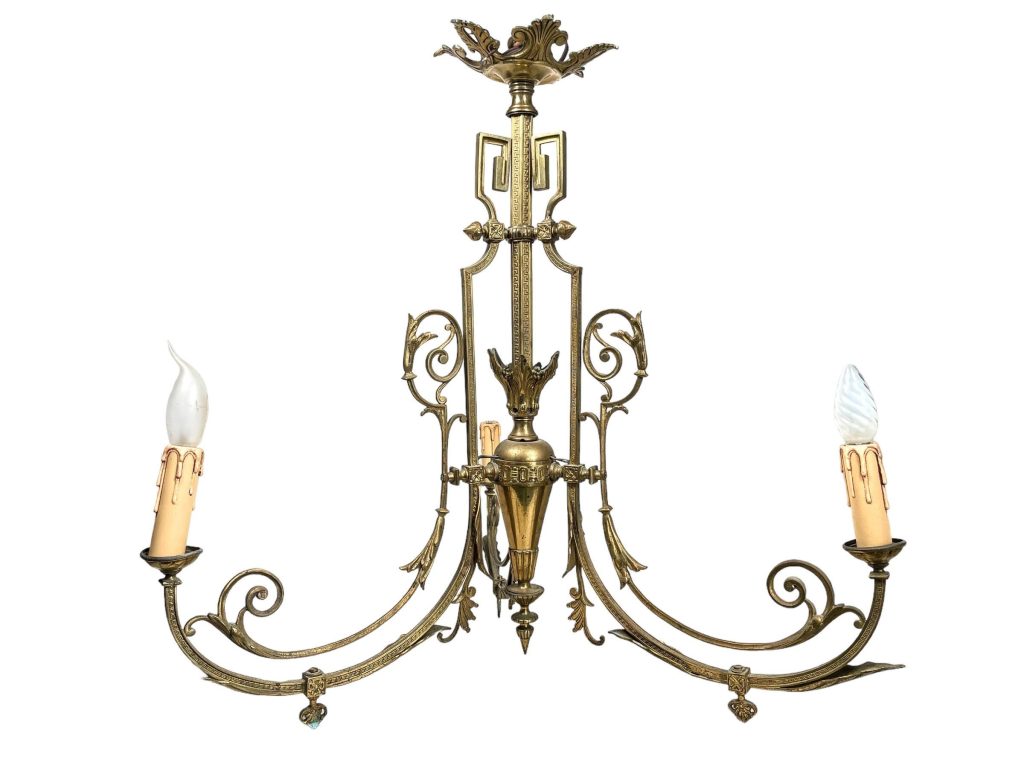 Vintage French Solid Brass Large Hanging Chandelier Pendant Lamp Three Electric Light Lantern Candle Hanging c1920-40's