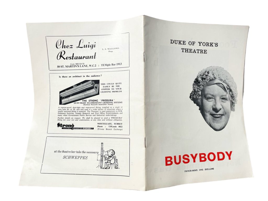 Original Vintage English Duke Of York’s Theatre Busybody Irene Handl Program Play Musical Souvenir Collectable Programme circa 1965