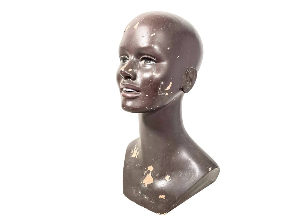 Vintage French Shop Lady Woman Mannequin Head Resin Wood Wig Earrings Hat Hair Make Up Eye Lashes circa 1960-70's