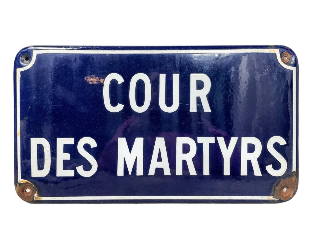 Vintage French Original Iron Enamel Street Sign Cour Des Martyrs Street Metal Road Display Promotional c1950-60’s