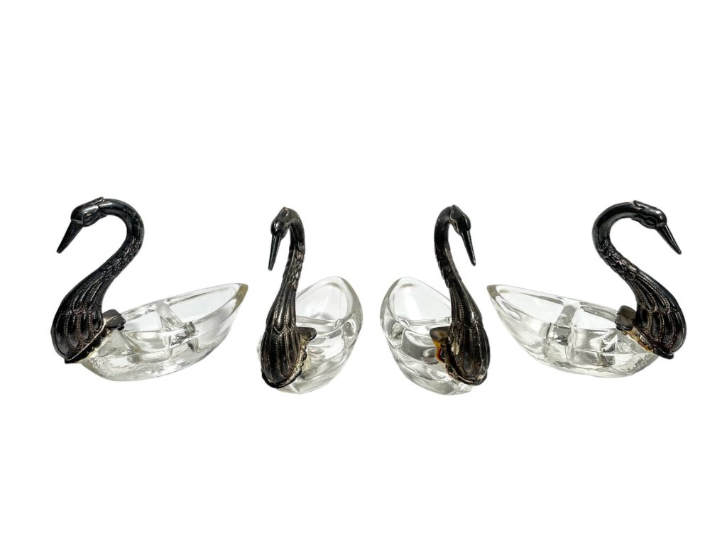 Vintage French Metal Glass France Swan Salt Spice Salter Pinch Pots Small Dinner Tableware Container Storage c1970-80's