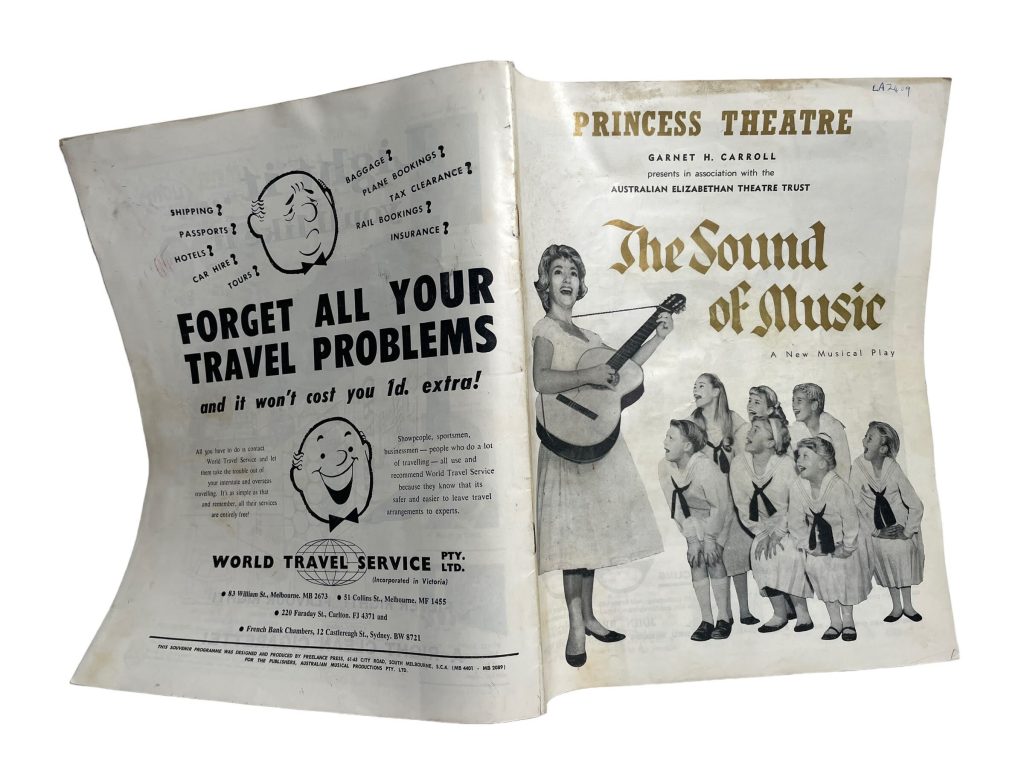 Original Vintage Theater Program Play Musical Souvenir The Sound Of Music Princess Theatre Australia Collectable Programme c1960's