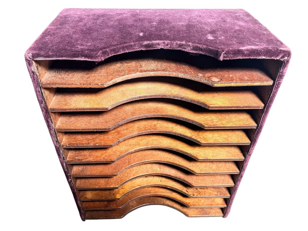 Vintage French Purple Velvet Wrapped Wooden Desktop File Filing Paperwork Mail Cabinet Organiser Desk Tidy Document Stand c1950-60’s