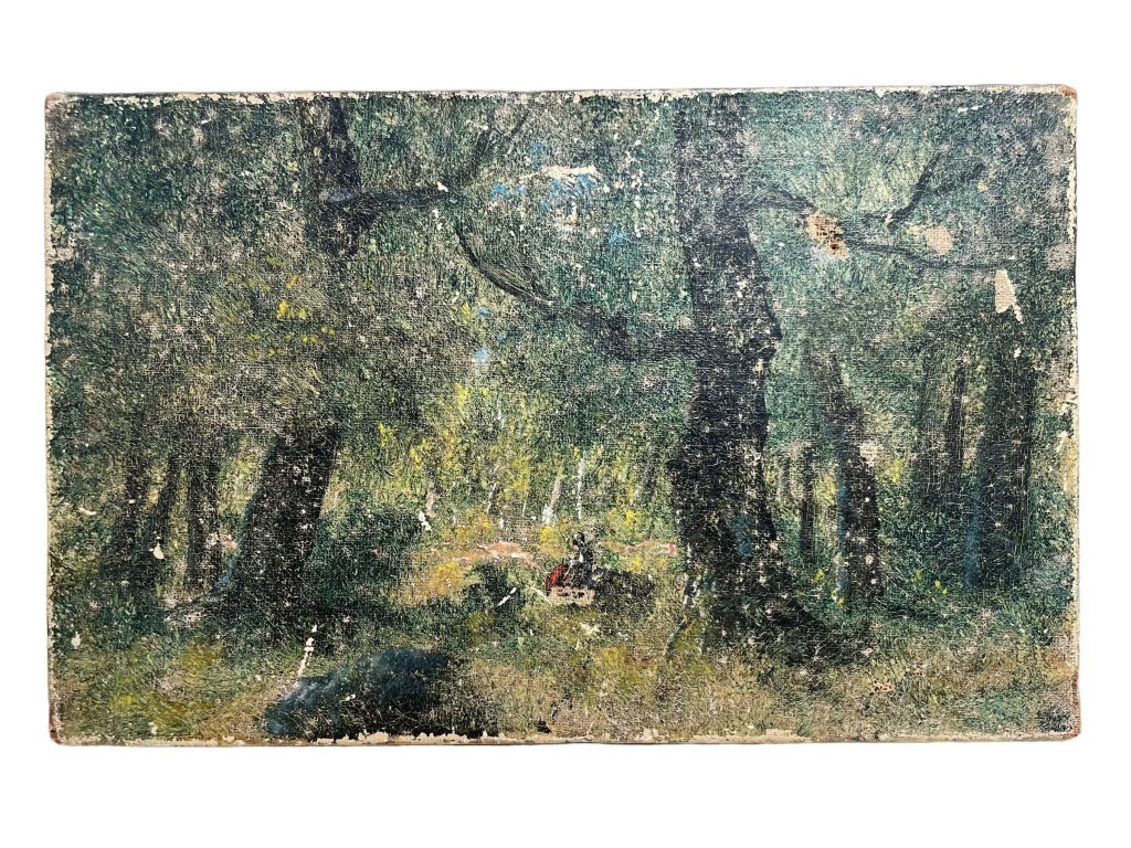 Antique French Girl Woman In Forest Painting On Canvas Traditional Heavy Wear circa 1910-20’s