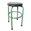 Vintage French green metal stool with padded black seat