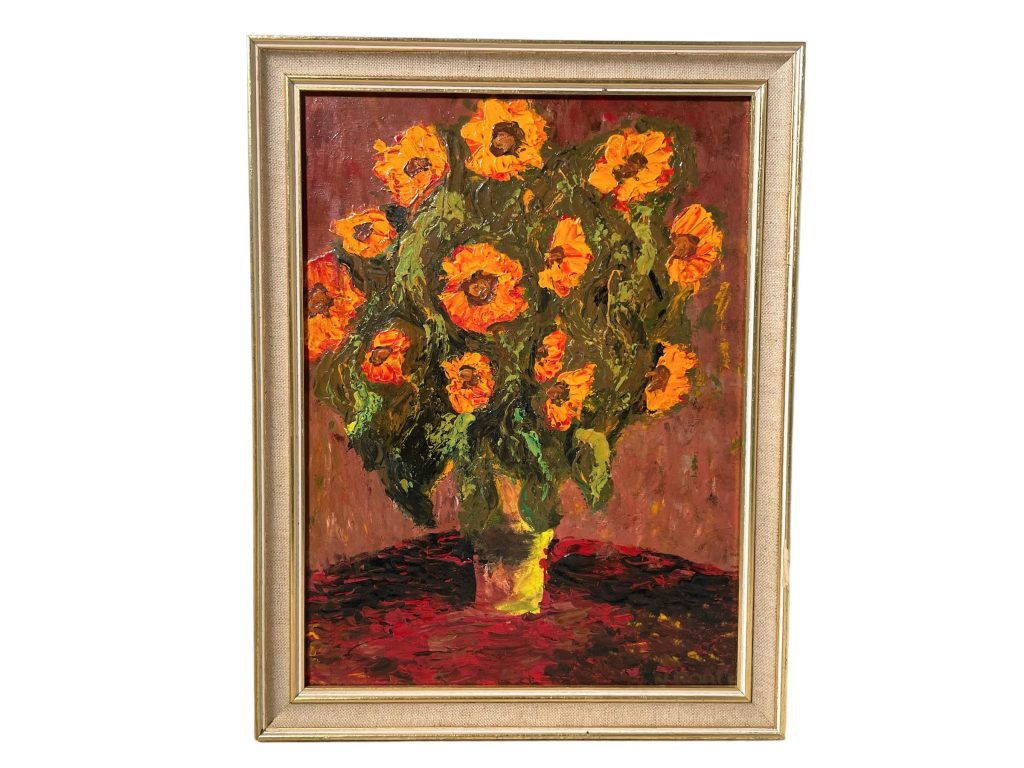 Vintage French Oil Painting Flowers Orange Framed On Board “Orange On Red” Wall Decor Decoration circa 1970-80’s