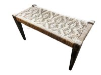 Vintage French Bench Stool Woven Rope String Seat Wooden Brown Rest Hallway Side c1970-80's