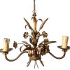 Vintage French Golden Wheatsheaf Hanging Chandelier Pendant Lamp Three Electric Light Lantern Candle Hanging c1970's