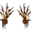 Vintage French Golden Wheatsheaf Wall Hanging Sconces Pair Lamp Electric Light Lantern Candle c1970's