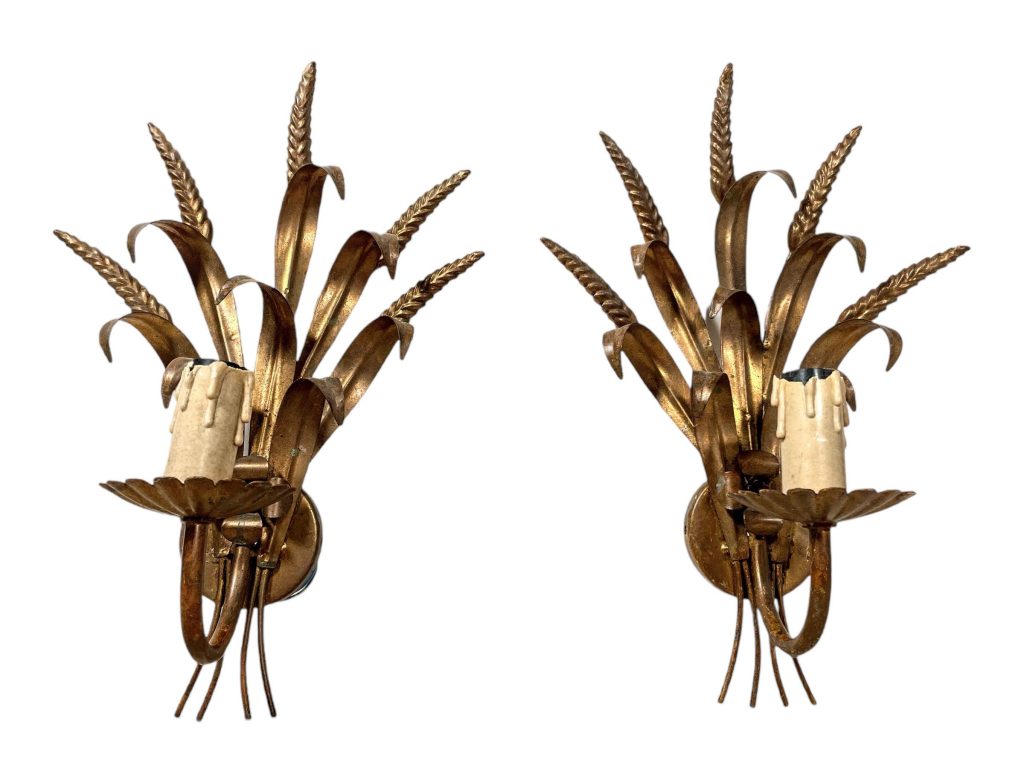 Vintage French Golden Wheatsheaf Wall Hanging Sconces Pair Lamp Electric Light Lantern Candle c1970’s